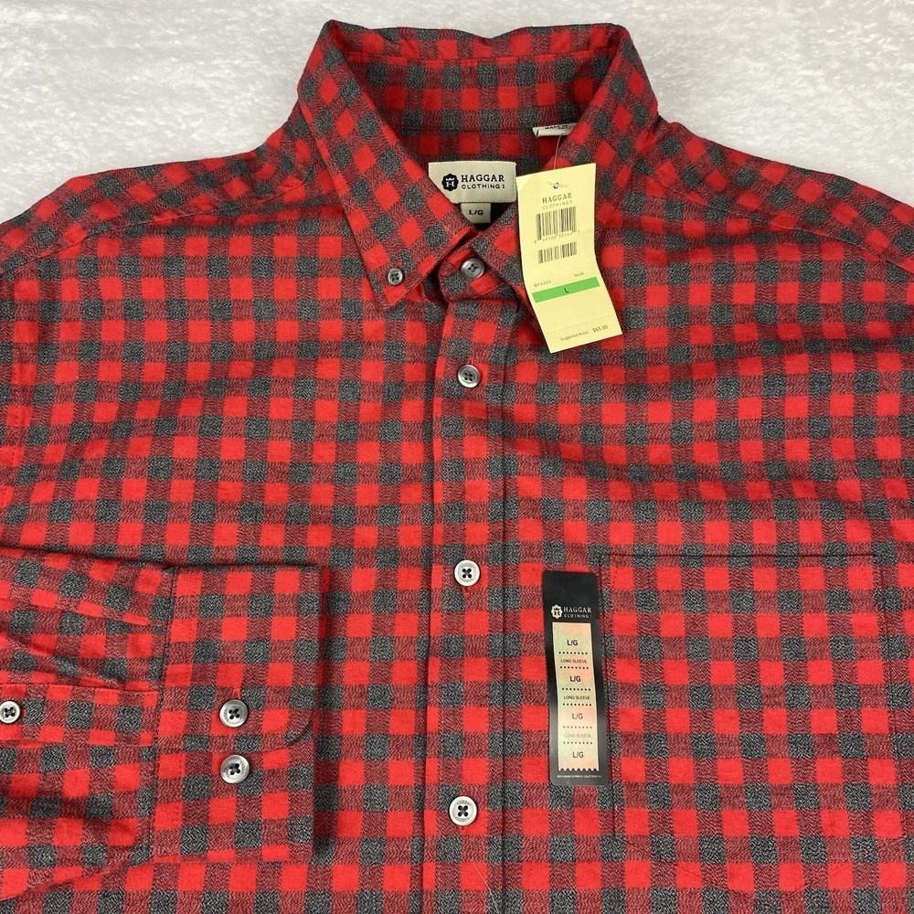 HAGGAR Shirt Mens Large Red/Gray Checks Heavy Cotton‎ Long Sleeves